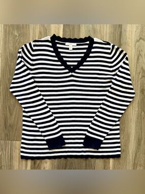 1901 Navy & White Striped Lightweight V-Neck Sweater Size XL